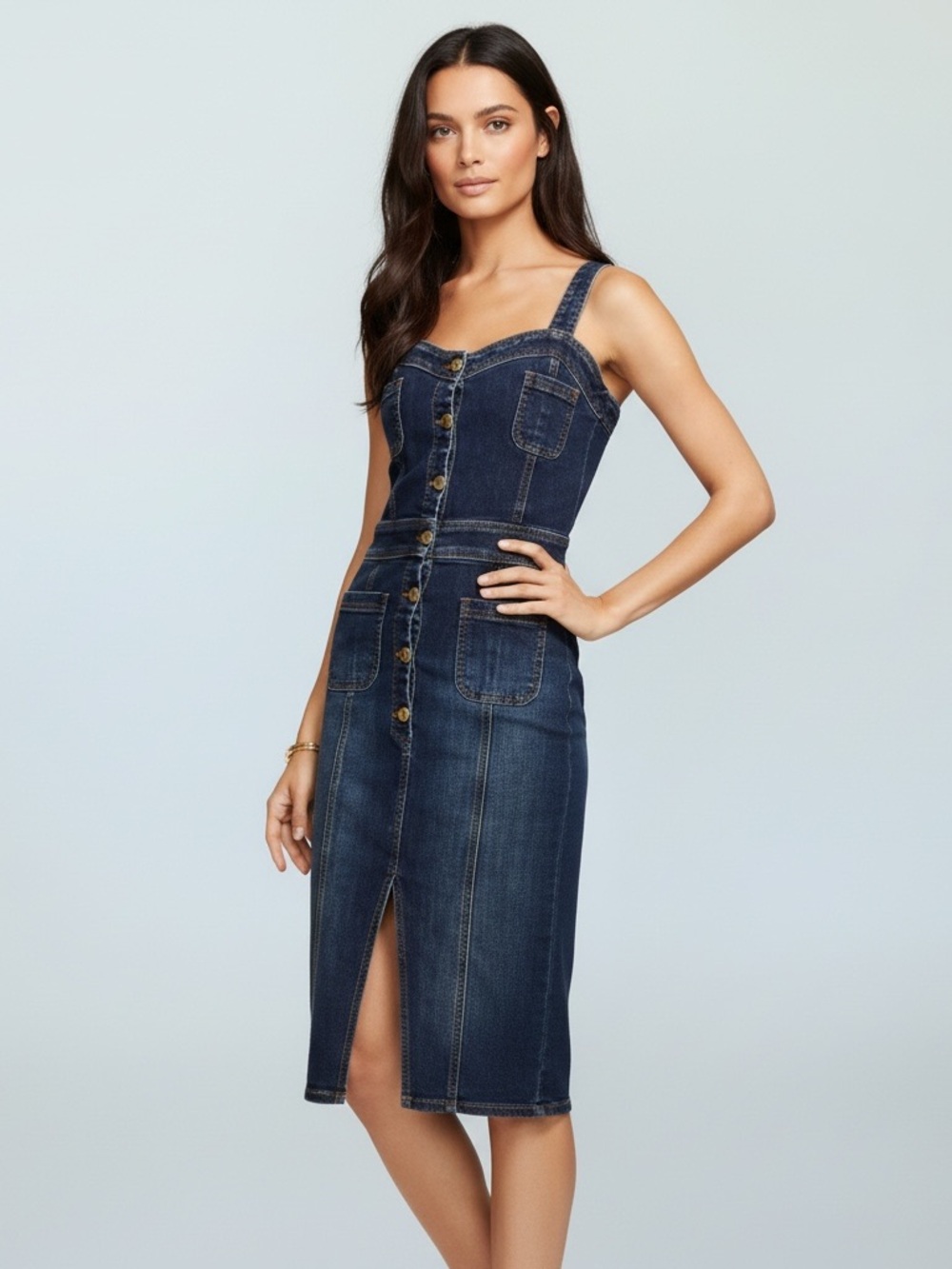 Ramy Brook Monica Denim Dress $365 Retail with Sweetheart Front Slit Wide Strap